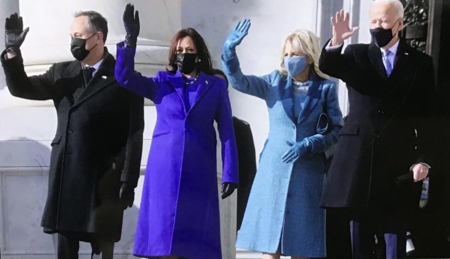 Vice President Kamala Harris and President Joe Biden wave with their spouses.