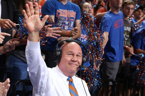 Mick Hubert waving to fans from the skybox (photo courtesy of alligatorarmy.com).