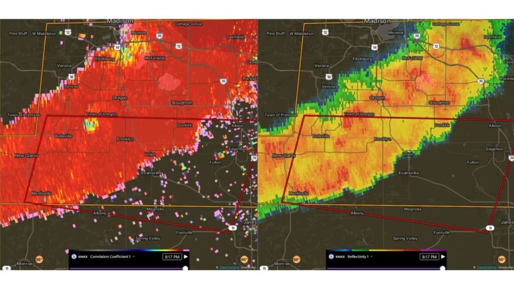 Damaging Tornado on the Ground South of Town of Oregon Wisconsin Heading Toward Brooklyn, Union and Evansville Right Now