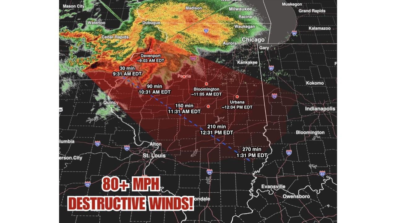 Destructive Line of Storms With 80 mph Winds Already Moving Through Illinois Right Now as Severe Bowing Segment Targets Chicago, Bloomington and Beyond