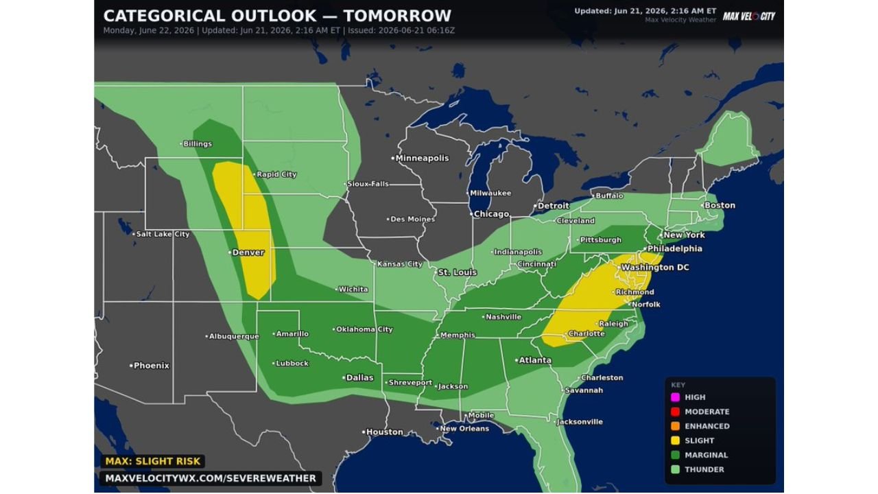 Expansive Marginal Risk Stretches From the East Coast to Montana on Monday as Mid Atlantic Faces Isolated Tornado Threat Near Washington DC and Philadelphia