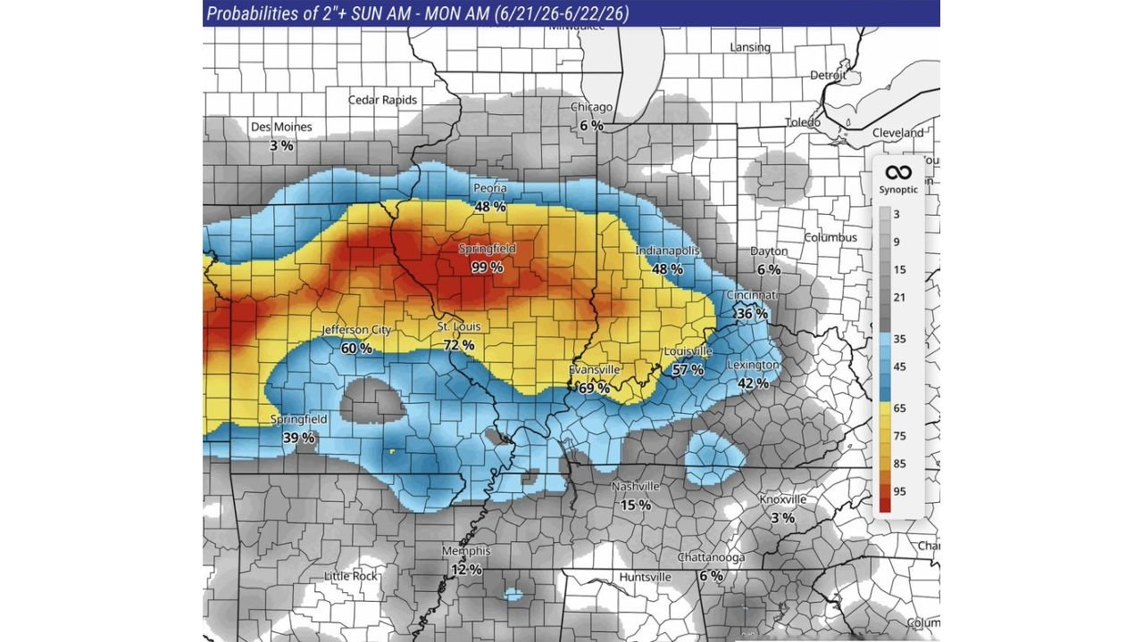 Flood Watches Issued From Eastern Kansas to Central Indiana as Sunday Rainfall Could Reach 1 to 3 Inches With Springfield Illinois Facing a 99 Percent Chance of Heavy Rain