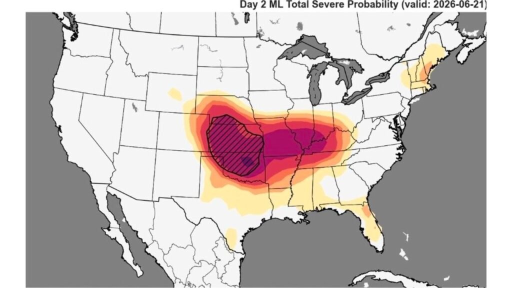 Forecasters Call Sunday a ‘Certainly Hard Forecast’ as Machine Learning Model Shows High Severe Storm Probability Stretching From Kansas to the Ohio Valley
