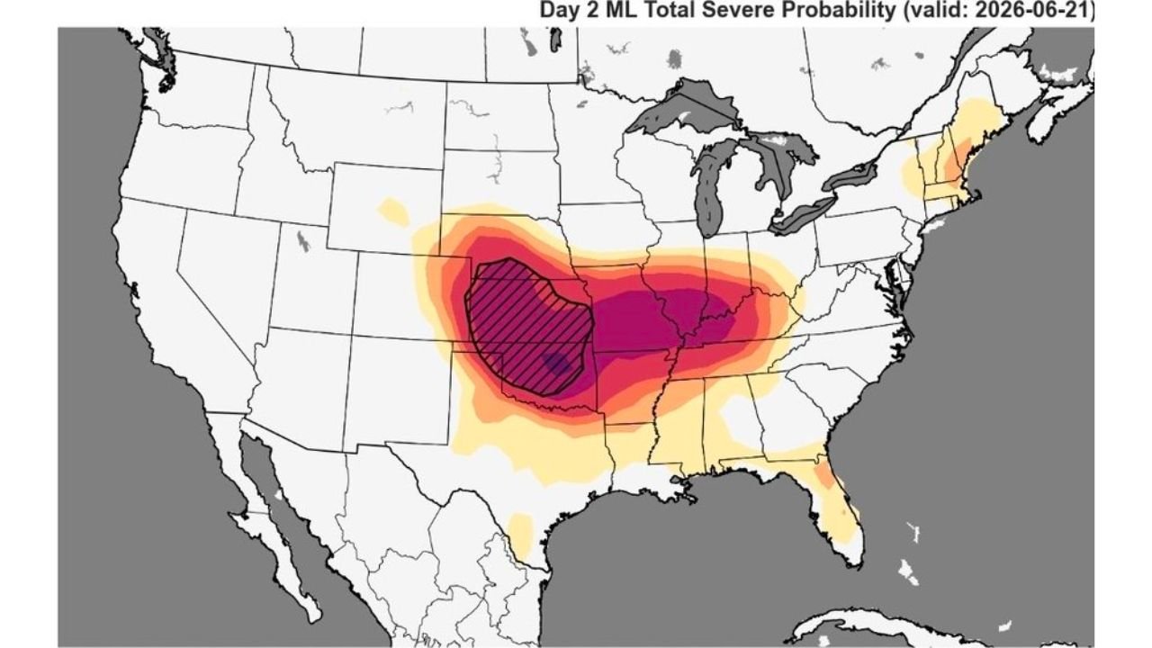Forecasters Call Sunday a 'Certainly Hard Forecast' as Machine Learning Model Shows High Severe Storm Probability Stretching From Kansas to the Ohio Valley