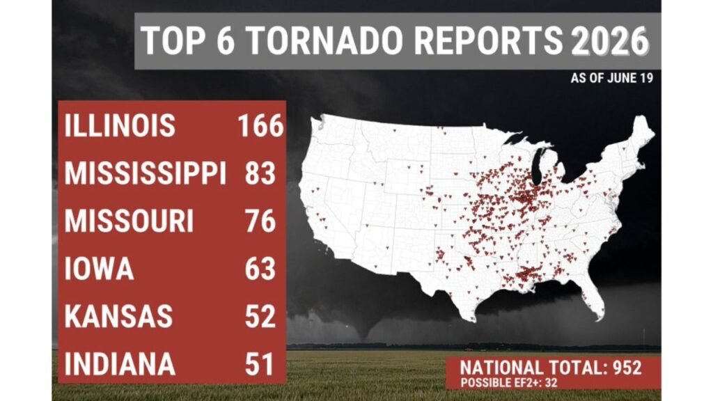 Illinois Holds a Commanding Lead With 166 Tornado Reports in 2026 as National Total Climbs to 952 With Nearly a Month Still Left in the Season