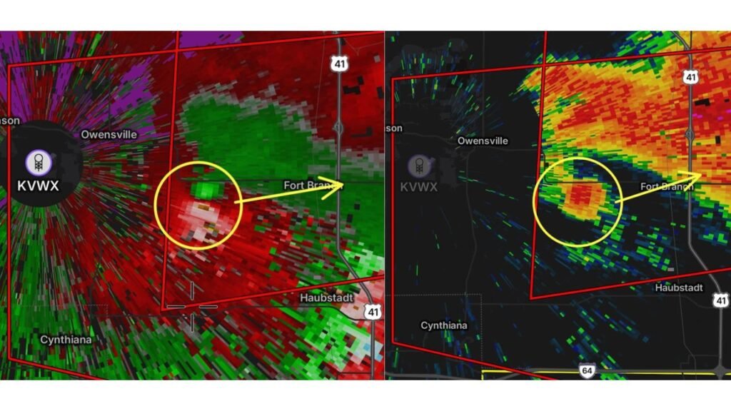 Large and Extremely Dangerous Tornado Approaching Fort Branch Indiana With Debris Ball on Radar as Storm Crosses Highway 41