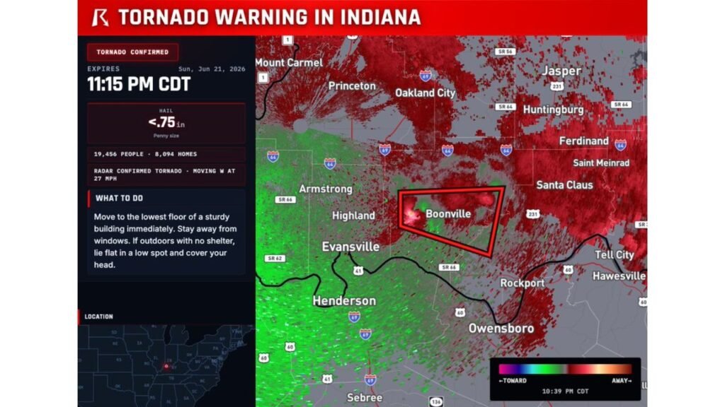 Radar Confirmed Tornado on the Ground Near Boonville Indiana Targeting Warrick and Spencer County as PDS Warning Urges Mobile Home Residents to Leave Immediately