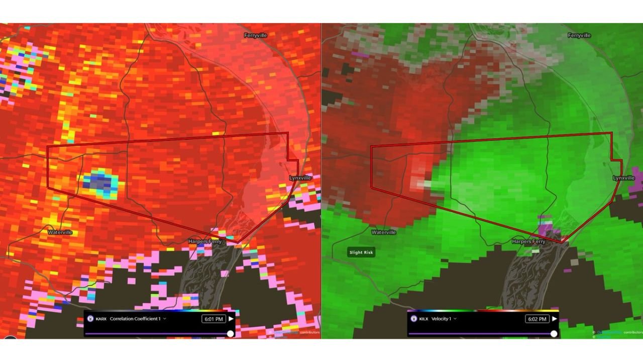 Radar Detects a Tornado North of Harpers Ferry Iowa With a Visible Debris Ball on Correlation Coefficient Scan as the Storm Moves Toward Lynxville and Crosses Into Wisconsin