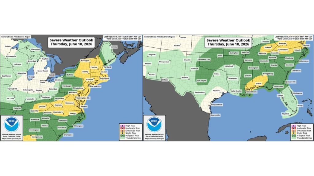 Severe Thunderstorm Threat Stretches From the Gulf Coast to New England Today as SPC Flags Damaging Winds, Tornado Potential and Large Hail Across Multiple States on June 18 2026