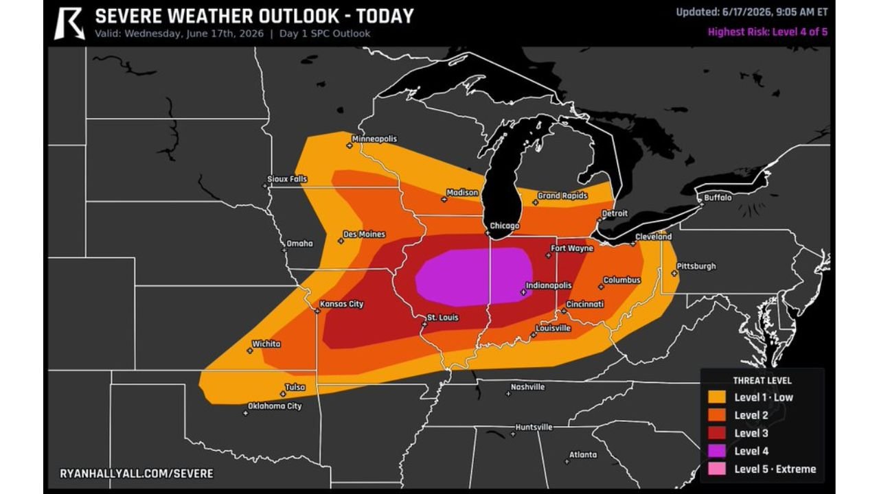 Severe Weather Outbreak Declared for Illinois and Indiana Today as SPC Issues Rare Level 4 of 5 Warning With Strong Tornadoes, 75 mph Winds and Large Hail All on the Table