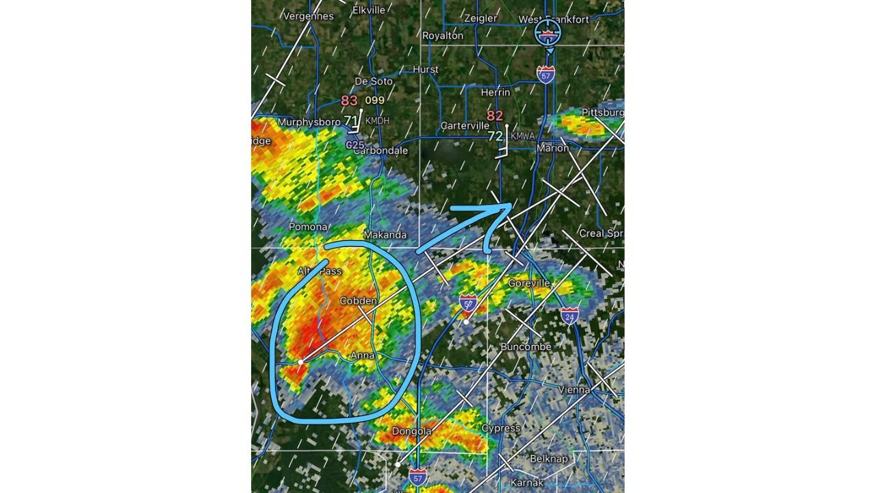 Strengthening Supercell With Increasing Rotation Moving Toward Marion Illinois and Could Become Capable of Producing Tornadoes, Large Hail and Damaging Winds